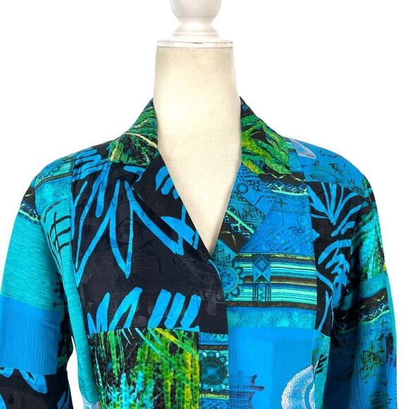 Chico's Oriental Art-to-Wear Patchwork Silk Linen Blazer Jacket Turquoise SZ 4 - Picture 2 of 15
